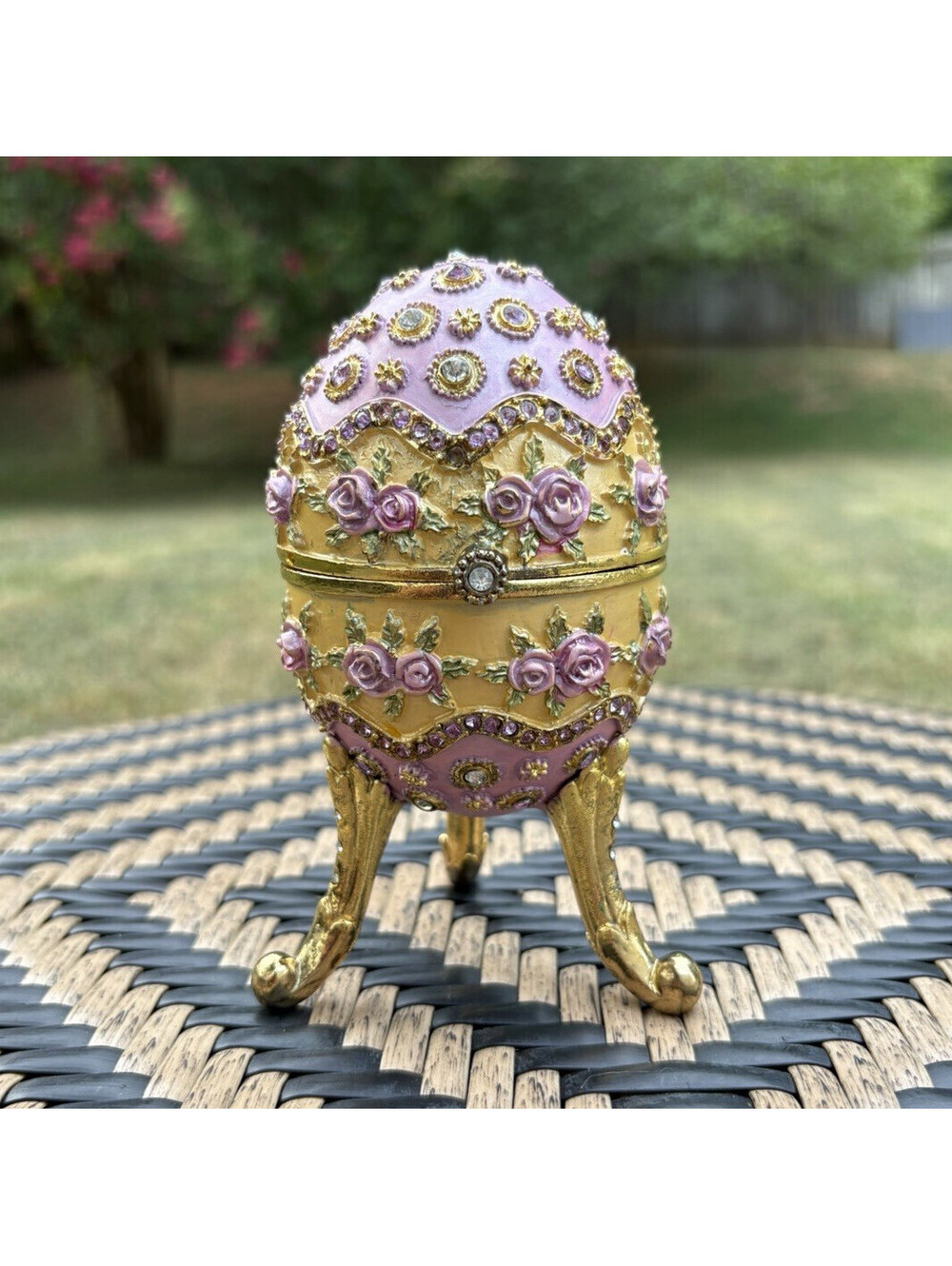 Gold Pink Floral Egg Trinket Box with Lid Metallic Metal Small 5 in